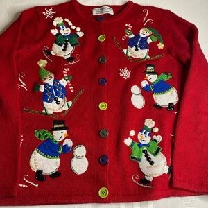 Vintage Tiara International Ugly Christmas Sweater Small Red Snowman Red Beaded